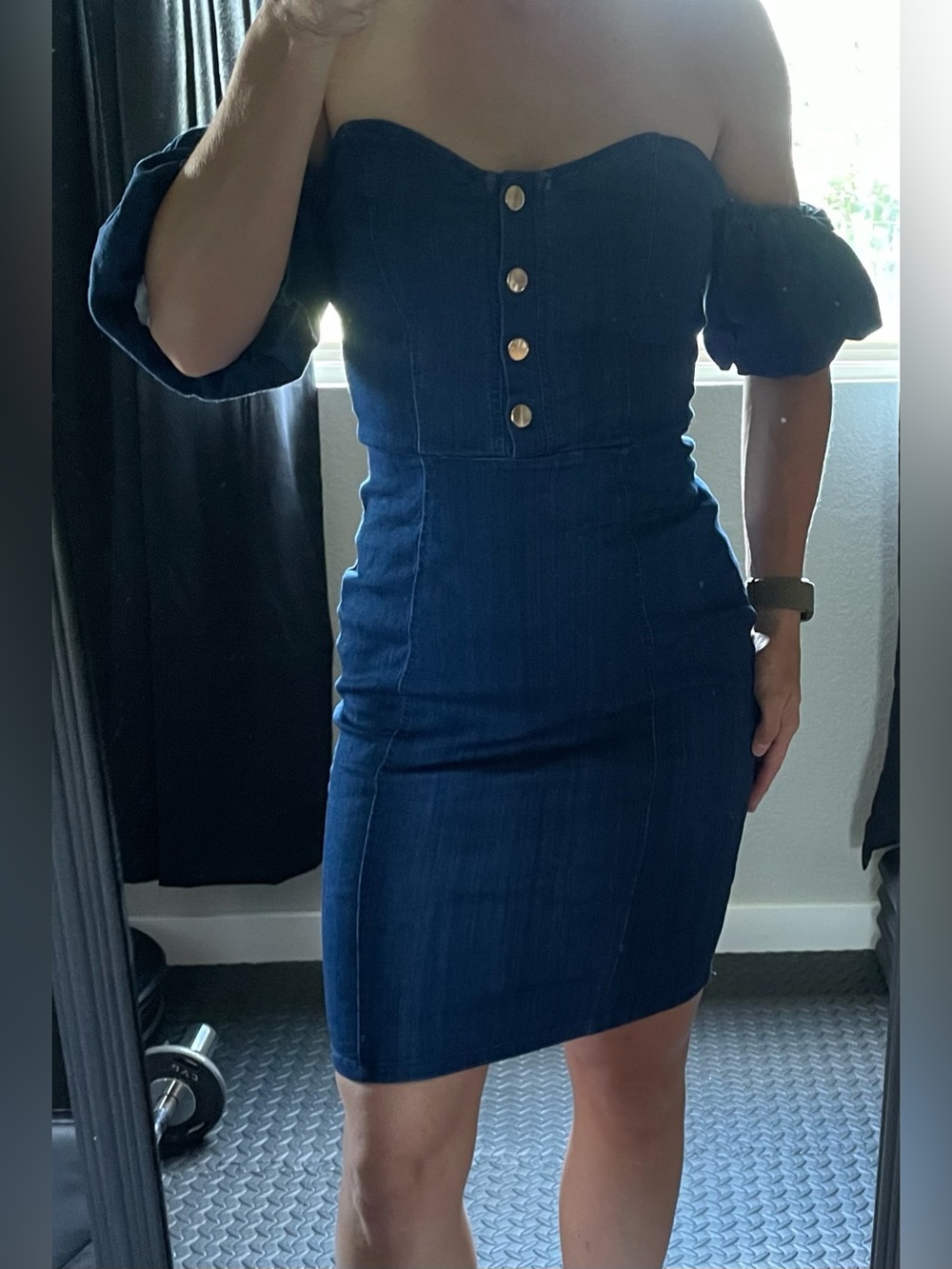 Haute Monde Dark Blue Off-Shoulder Denim Mini Dress